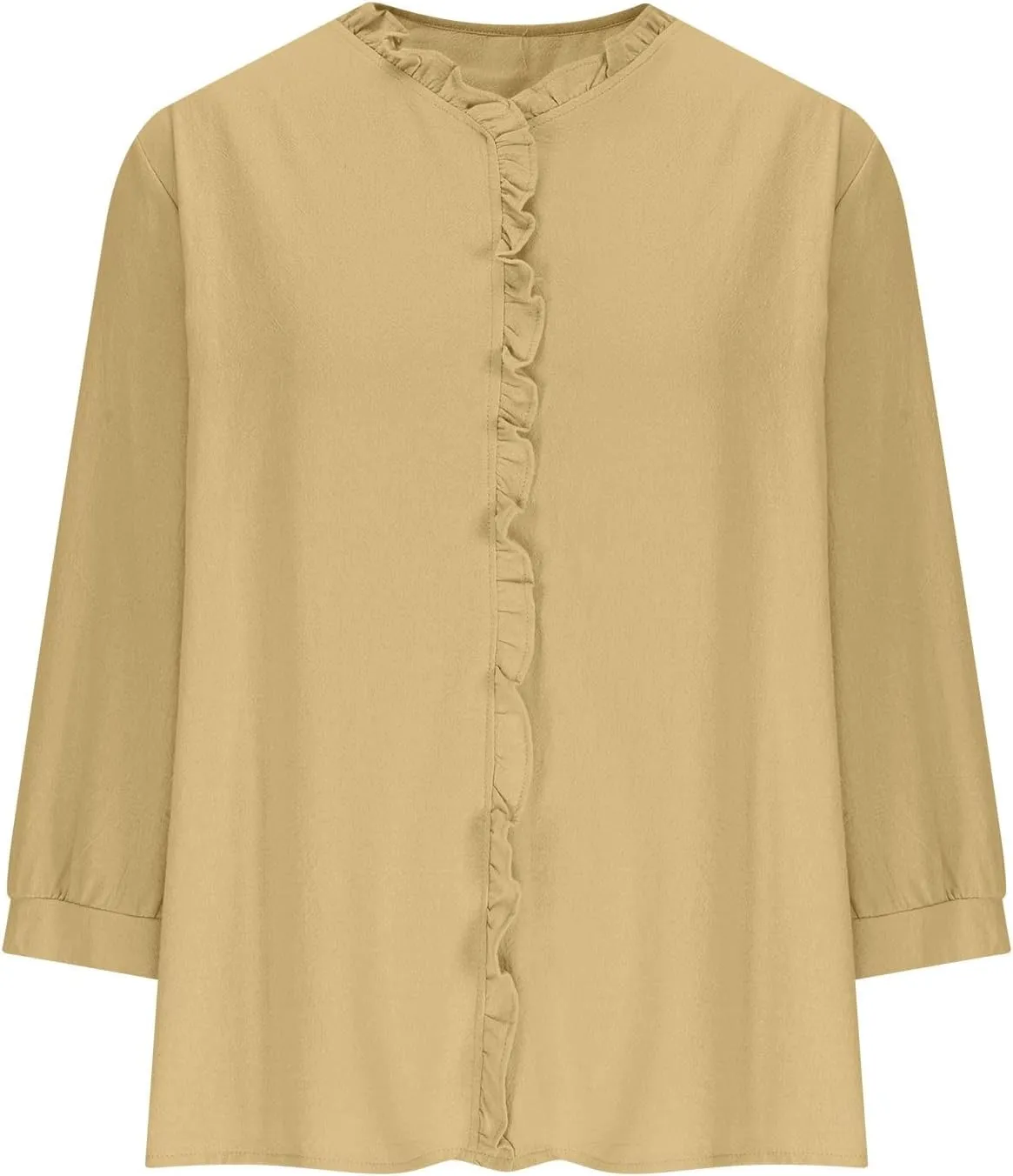 Women's Cotton Linen Shirts V Neck Ruffle Solid Color Loose Blouse 3/4 Sleeve Summer 2025 Trendy Casual Shirt Tops