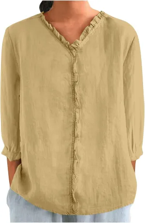 Women's Cotton Linen Shirts V Neck Ruffle Solid Color Loose Blouse 3/4 Sleeve Summer 2025 Trendy Casual Shirt Tops