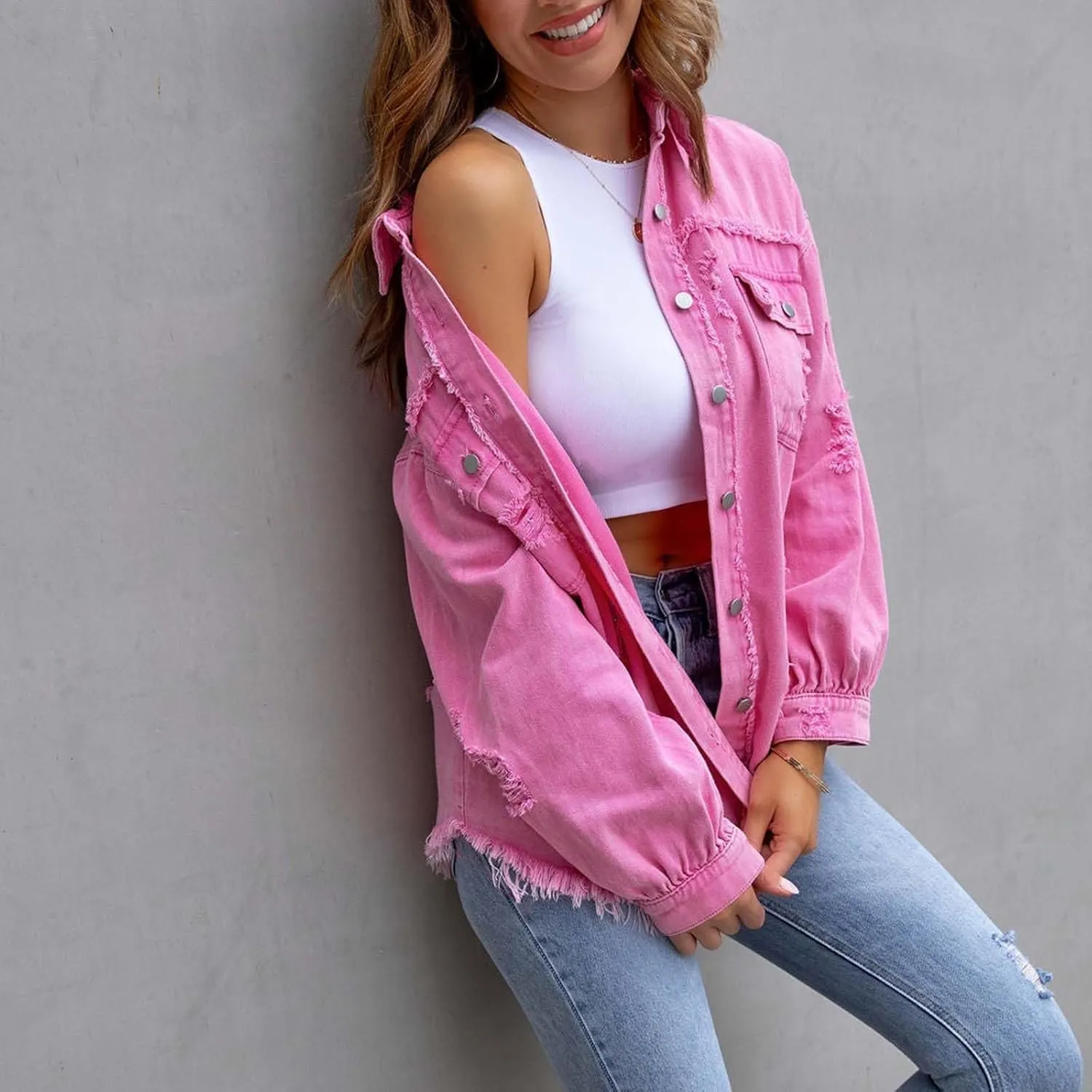 Womens Denim Jacket Oversized Button Up Frayed Hem Shacket Jean Coat Distressed Shirts Long Sleeve Trucker Coats Tops