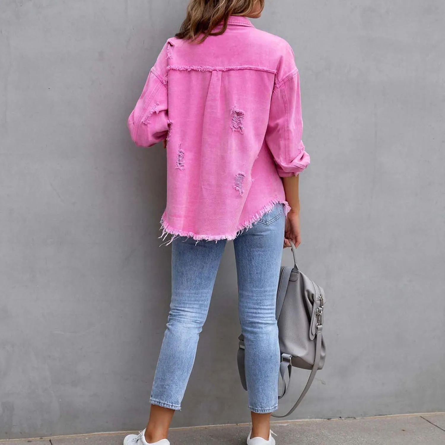 Womens Denim Jacket Oversized Button Up Frayed Hem Shacket Jean Coat Distressed Shirts Long Sleeve Trucker Coats Tops