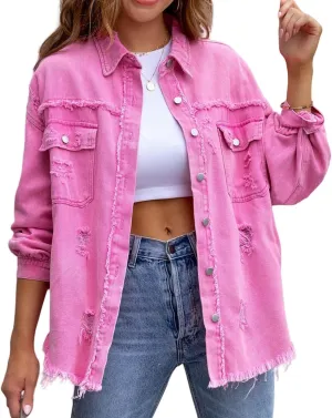 Womens Denim Jacket Oversized Button Up Frayed Hem Shacket Jean Coat Distressed Shirts Long Sleeve Trucker Coats Tops