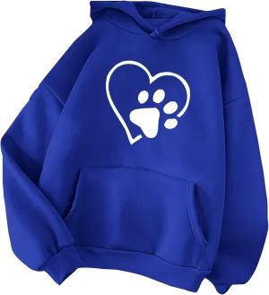 Womens Dog Paw Print Hoodies Cute Heart Graphic Sweatshirts Casual Loose Fit Long Sleeve Hooded Pocketed Pullover