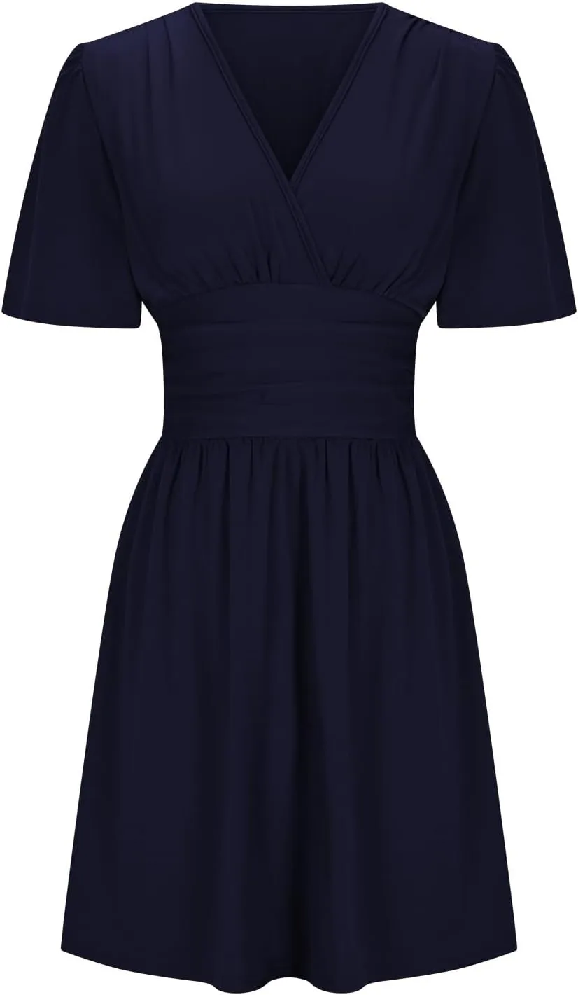 Women's Dress 2025 Summer Deep V Neck Elegant Ruffle Mini Dress Dresses Plain Wrap Ruched High Waist Flared A Line Dresses