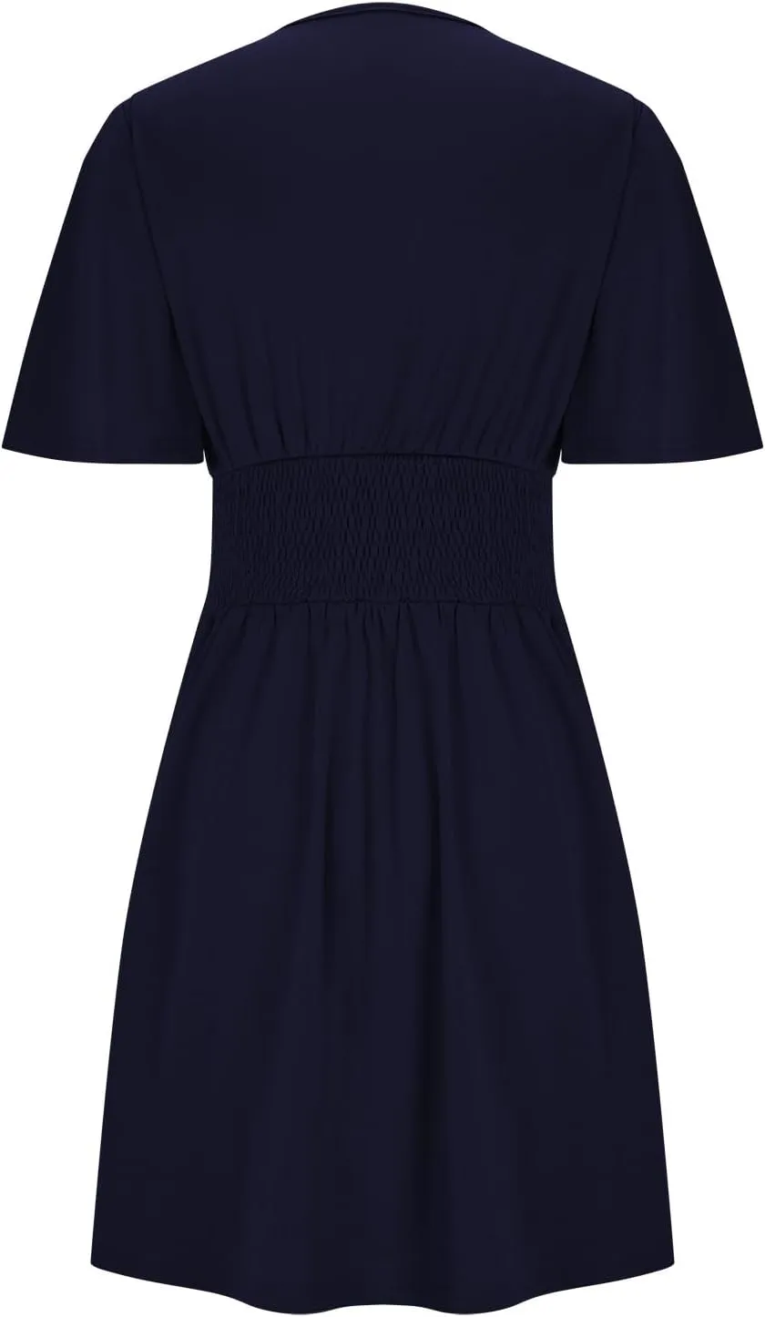 Women's Dress 2025 Summer Deep V Neck Elegant Ruffle Mini Dress Dresses Plain Wrap Ruched High Waist Flared A Line Dresses