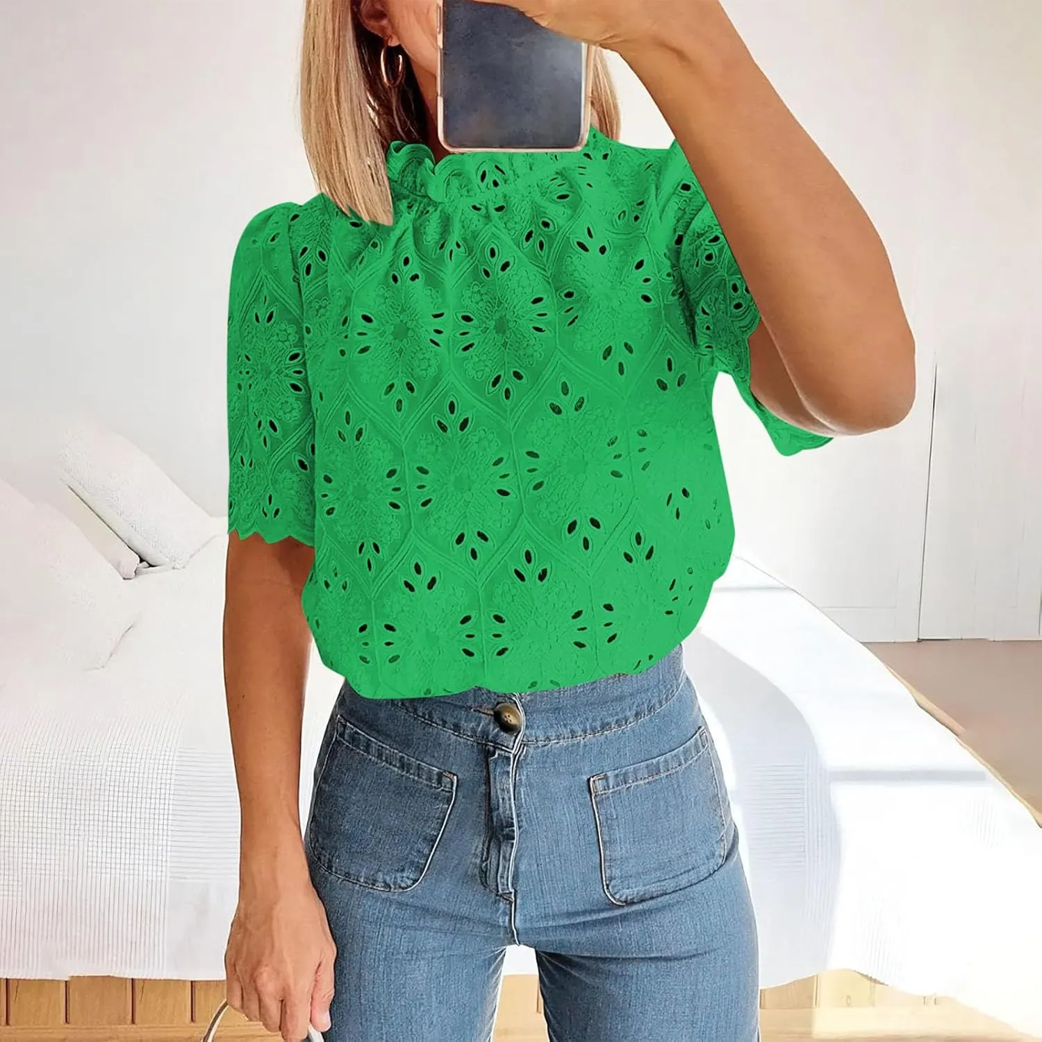 Womens Elbow Length Mock Neck Crochet Jacquard Tops Dressy Elegant Blouse Trendy Casual Hollow Out Shirts