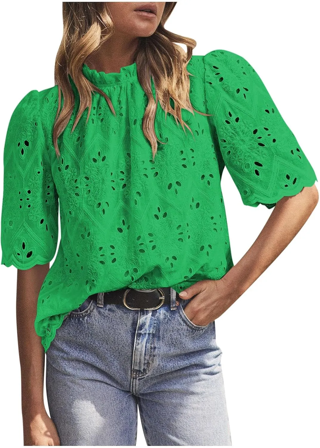 Womens Elbow Length Mock Neck Crochet Jacquard Tops Dressy Elegant Blouse Trendy Casual Hollow Out Shirts