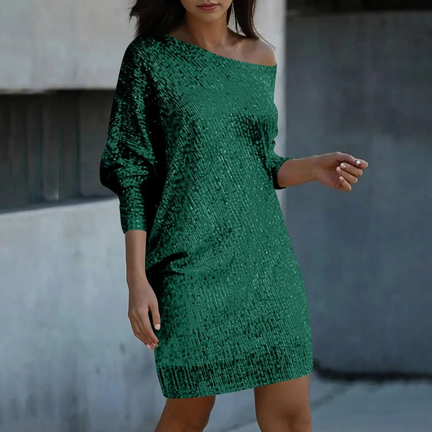 Women's Elegant Sexy One Shoulder Long Sleeve Midi Dress Solid Color Sequins Prom Party Cocktail Dresses, S-3XL