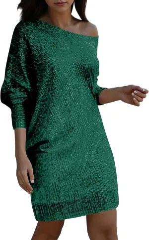 Women's Elegant Sexy One Shoulder Long Sleeve Midi Dress Solid Color Sequins Prom Party Cocktail Dresses, S-3XL