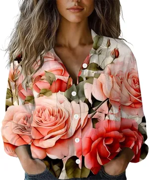 Womens Ethnic Linen Shirts Floral Print Long Sleeve V Neck Button Down Shirt Vintage Boho Blouses Gauze Tunic Tops
