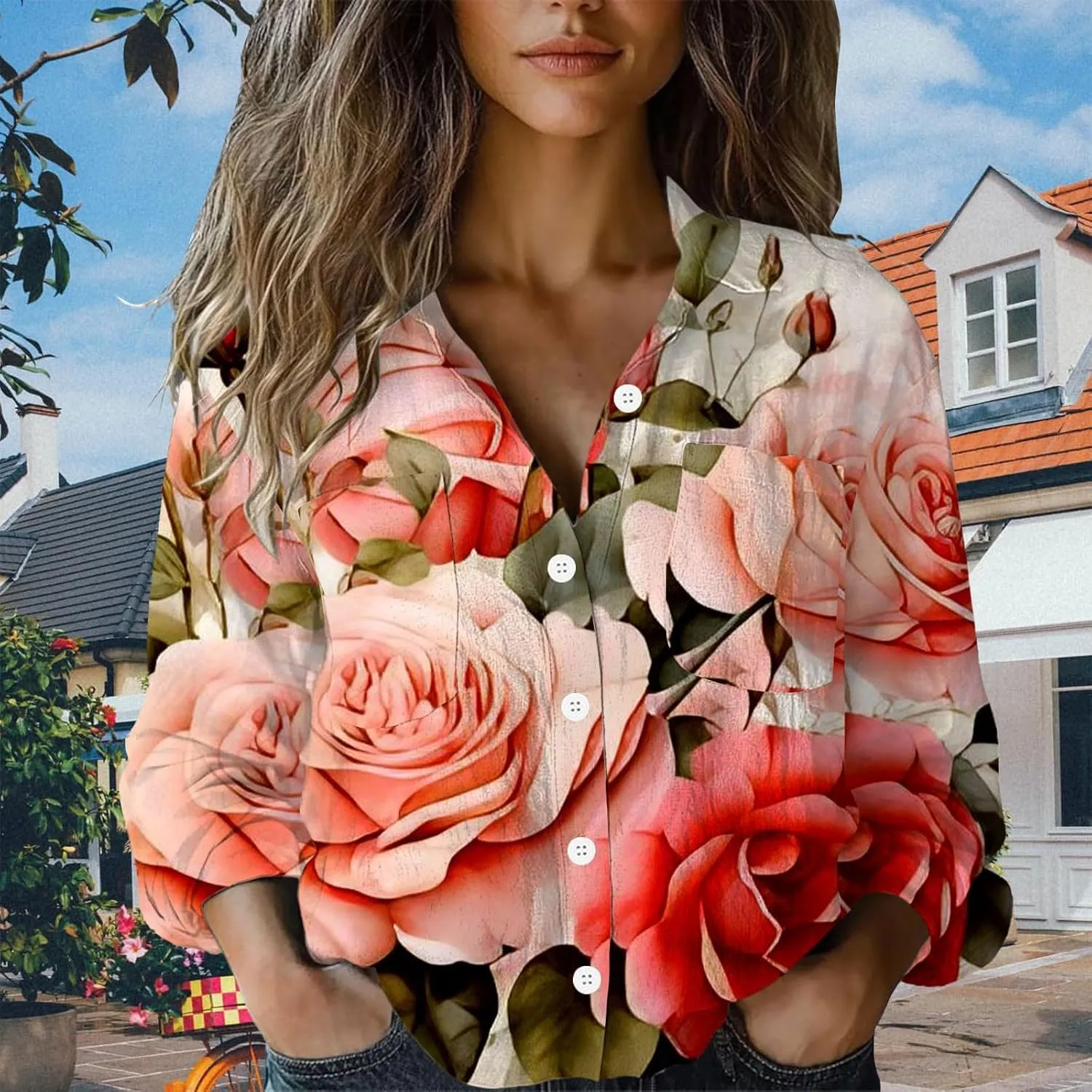 Womens Ethnic Linen Shirts Floral Print Long Sleeve V Neck Button Down Shirt Vintage Boho Blouses Gauze Tunic Tops