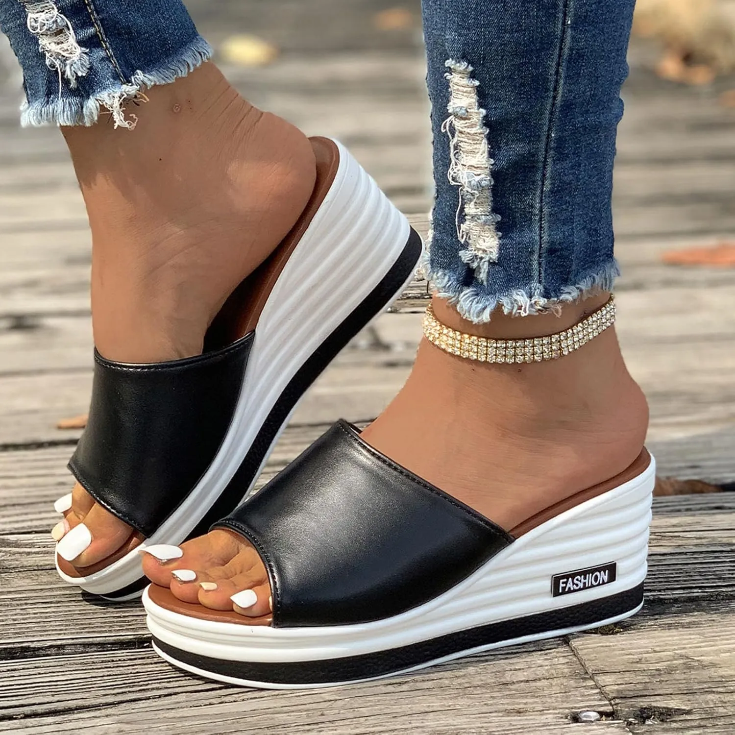 Women's Fish Mouth Wedge Slipper Platform Colorblock Slip on Sandal Open Toe Trendy Casual Slide Elegant Shoes