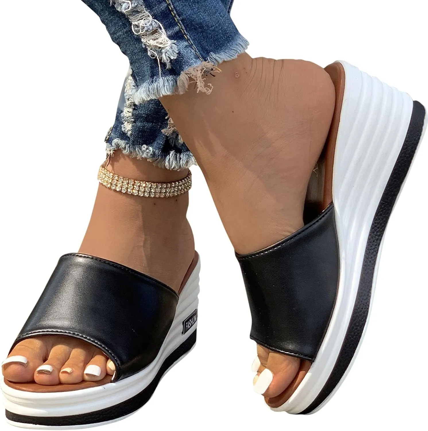 Women's Fish Mouth Wedge Slipper Platform Colorblock Slip on Sandal Open Toe Trendy Casual Slide Elegant Shoes