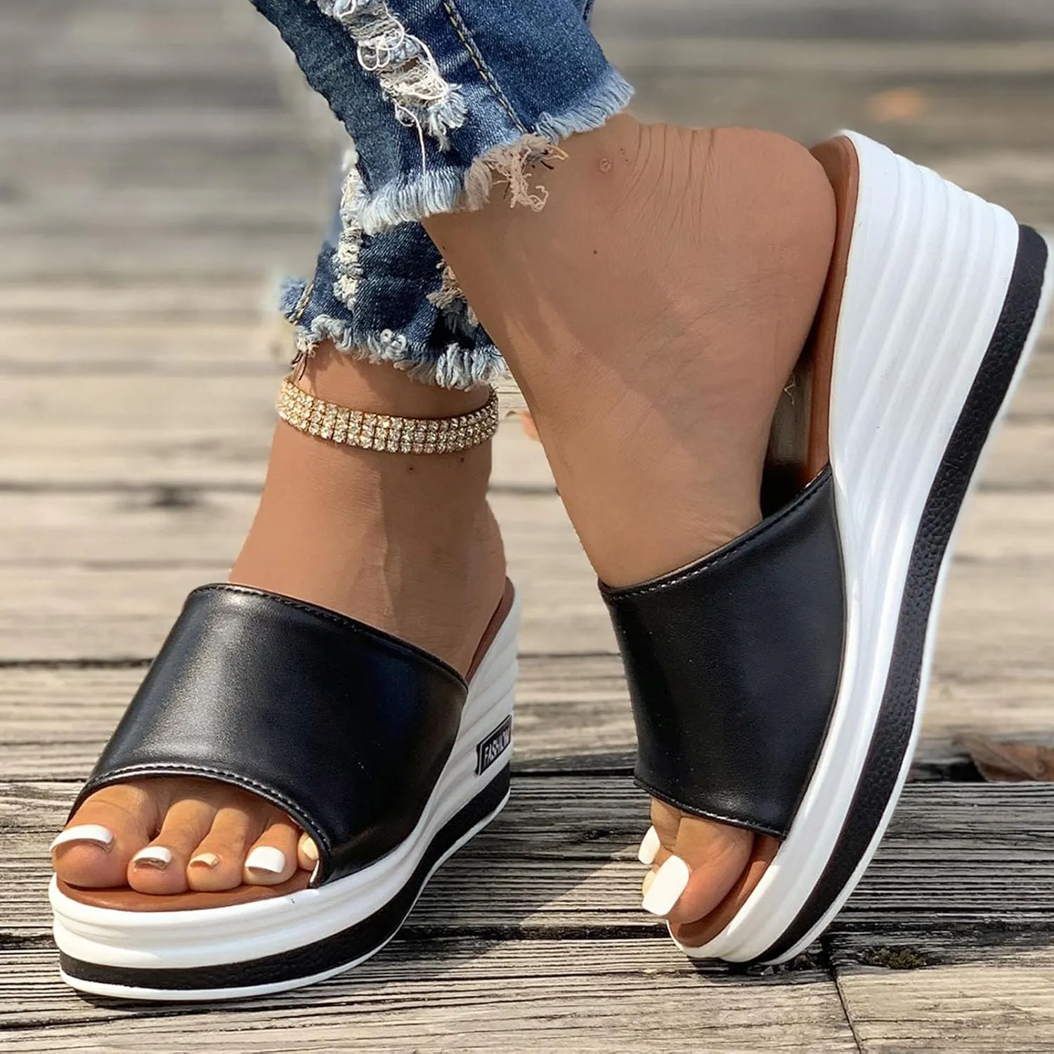 Women's Fish Mouth Wedge Slipper Platform Colorblock Slip on Sandal Open Toe Trendy Casual Slide Elegant Shoes