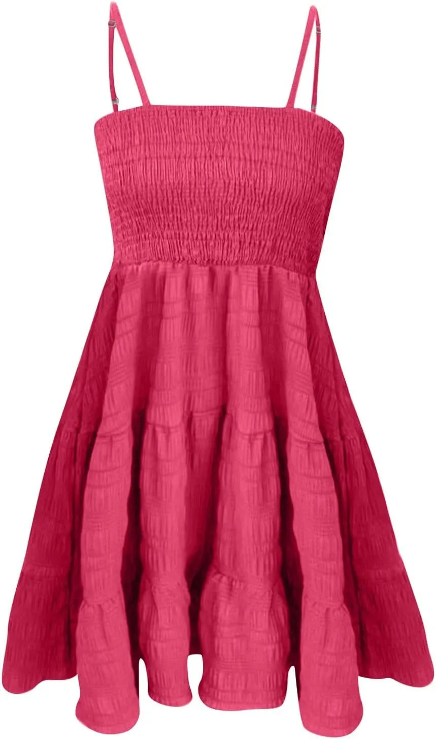 Women's Floral Dress Sleeveless Spaghetti Strap Square Neck Solid Color Ruffle Summer Boho A Line Dress, S-2XL