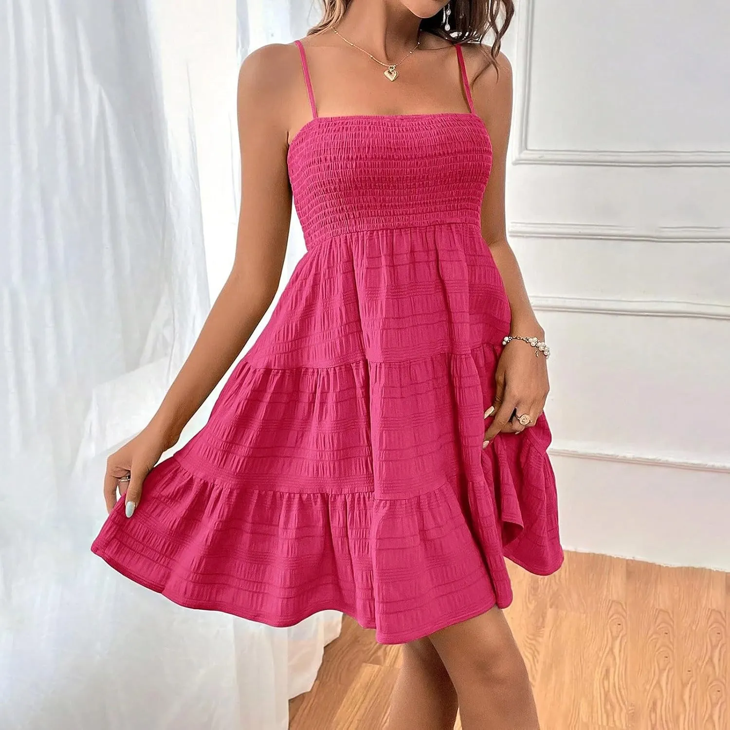 Women's Floral Dress Sleeveless Spaghetti Strap Square Neck Solid Color Ruffle Summer Boho A Line Dress, S-2XL