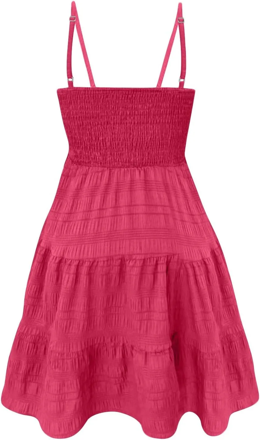 Women's Floral Dress Sleeveless Spaghetti Strap Square Neck Solid Color Ruffle Summer Boho A Line Dress, S-2XL
