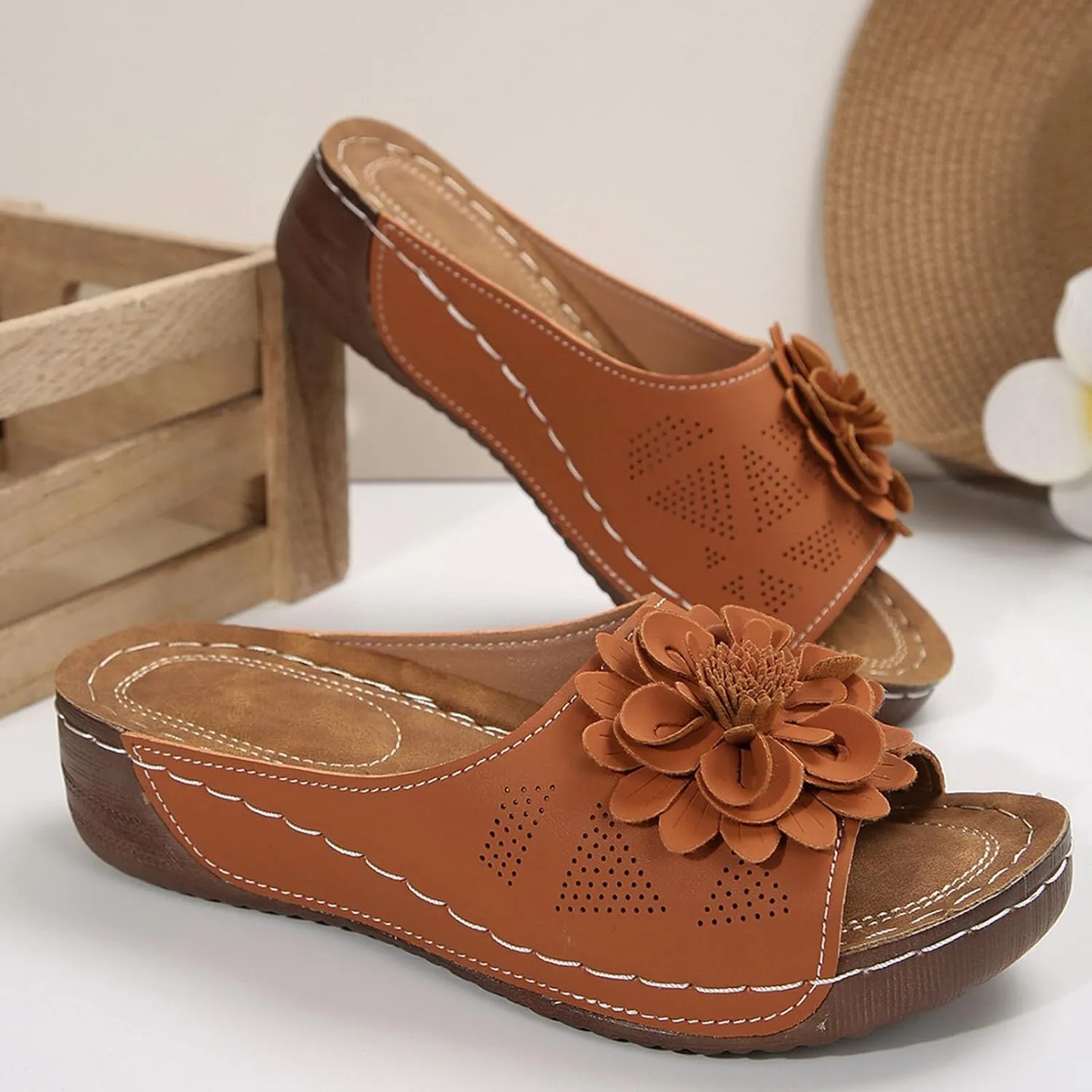 Women's Floral Embellished Wedge Slipper Orthopedic Solid Open Toe Sandal Platform Arch Support Slide Slip on Sandals