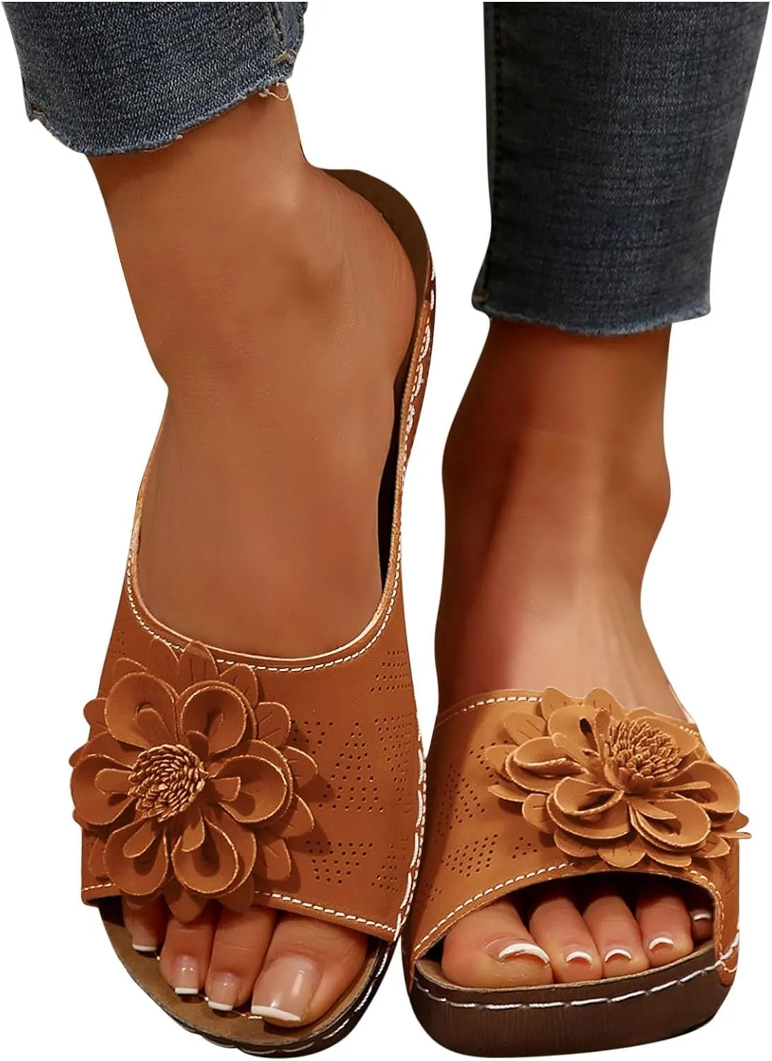 Women's Floral Embellished Wedge Slipper Orthopedic Solid Open Toe Sandal Platform Arch Support Slide Slip on Sandals