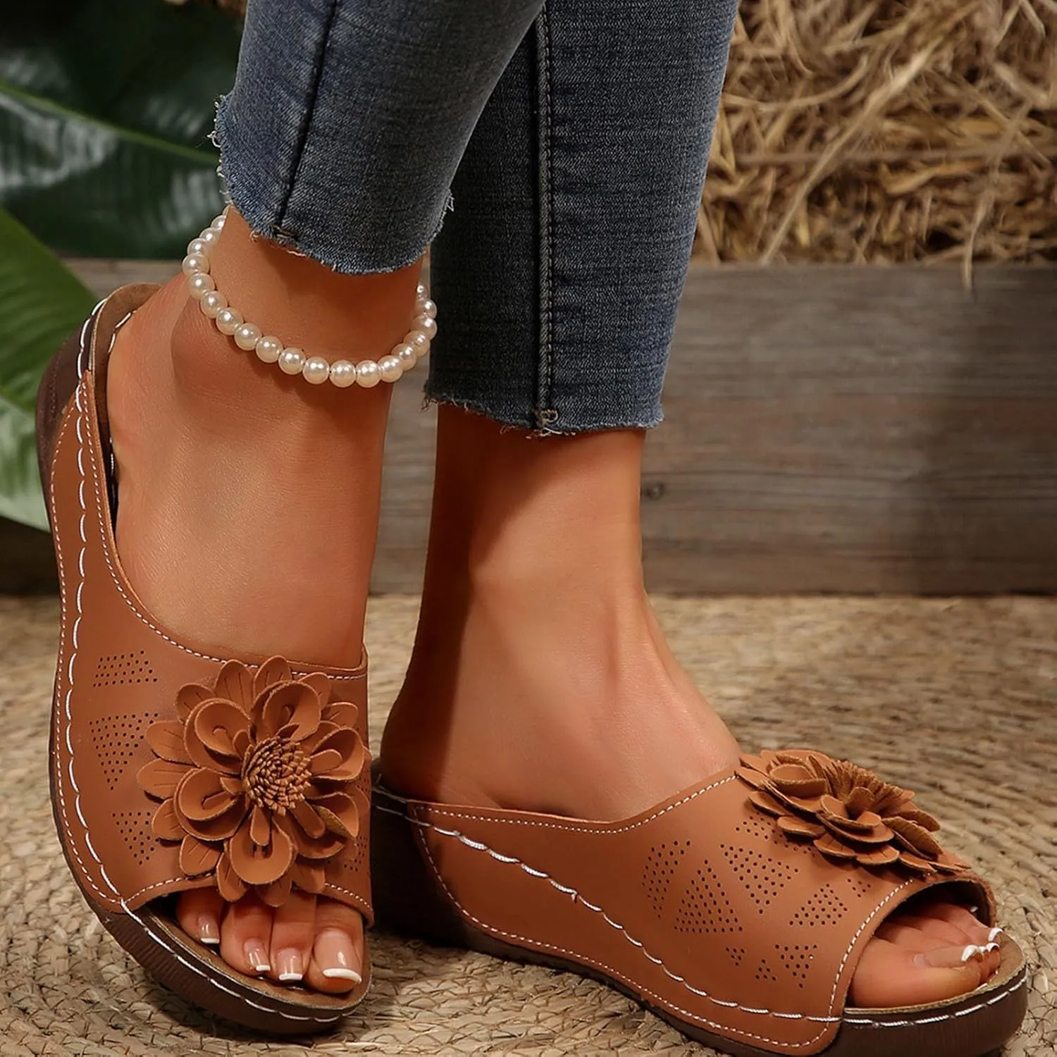 Women's Floral Embellished Wedge Slipper Orthopedic Solid Open Toe Sandal Platform Arch Support Slide Slip on Sandals