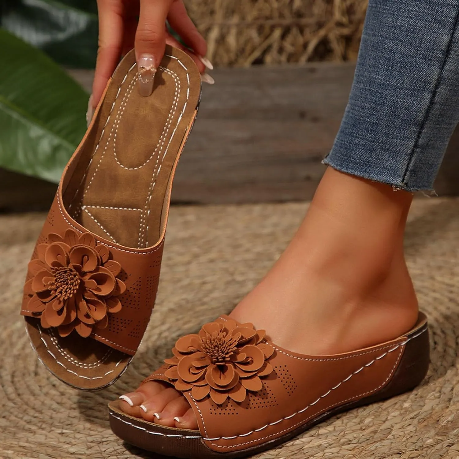 Women's Floral Embellished Wedge Slipper Orthopedic Solid Open Toe Sandal Platform Arch Support Slide Slip on Sandals