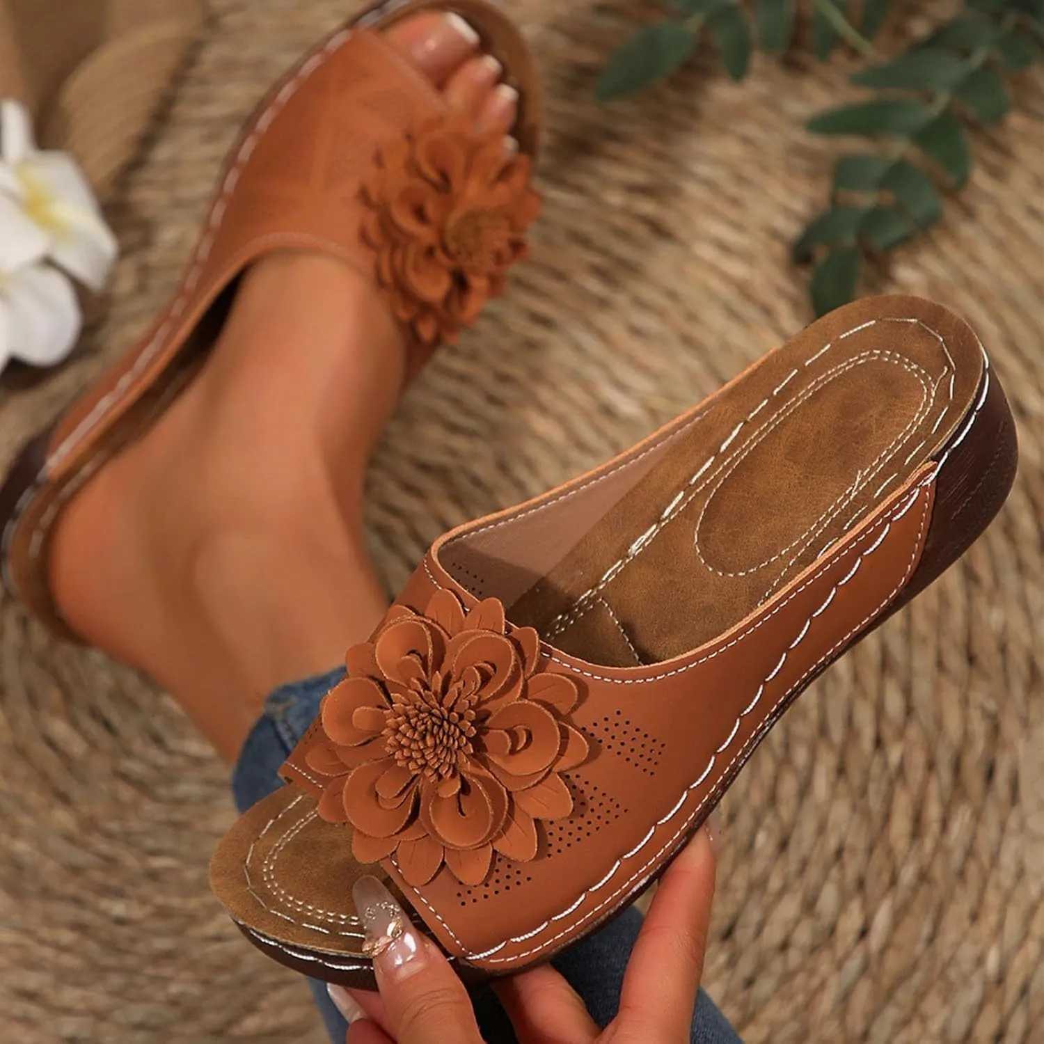 Women's Floral Embellished Wedge Slipper Orthopedic Solid Open Toe Sandal Platform Arch Support Slide Slip on Sandals