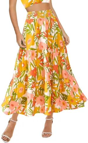 Women's Floral Print Midi Maxi Skirts: 2025 Summer Casual Aline Elastic High Waist Pleated Flowy Long Skirt Pockets