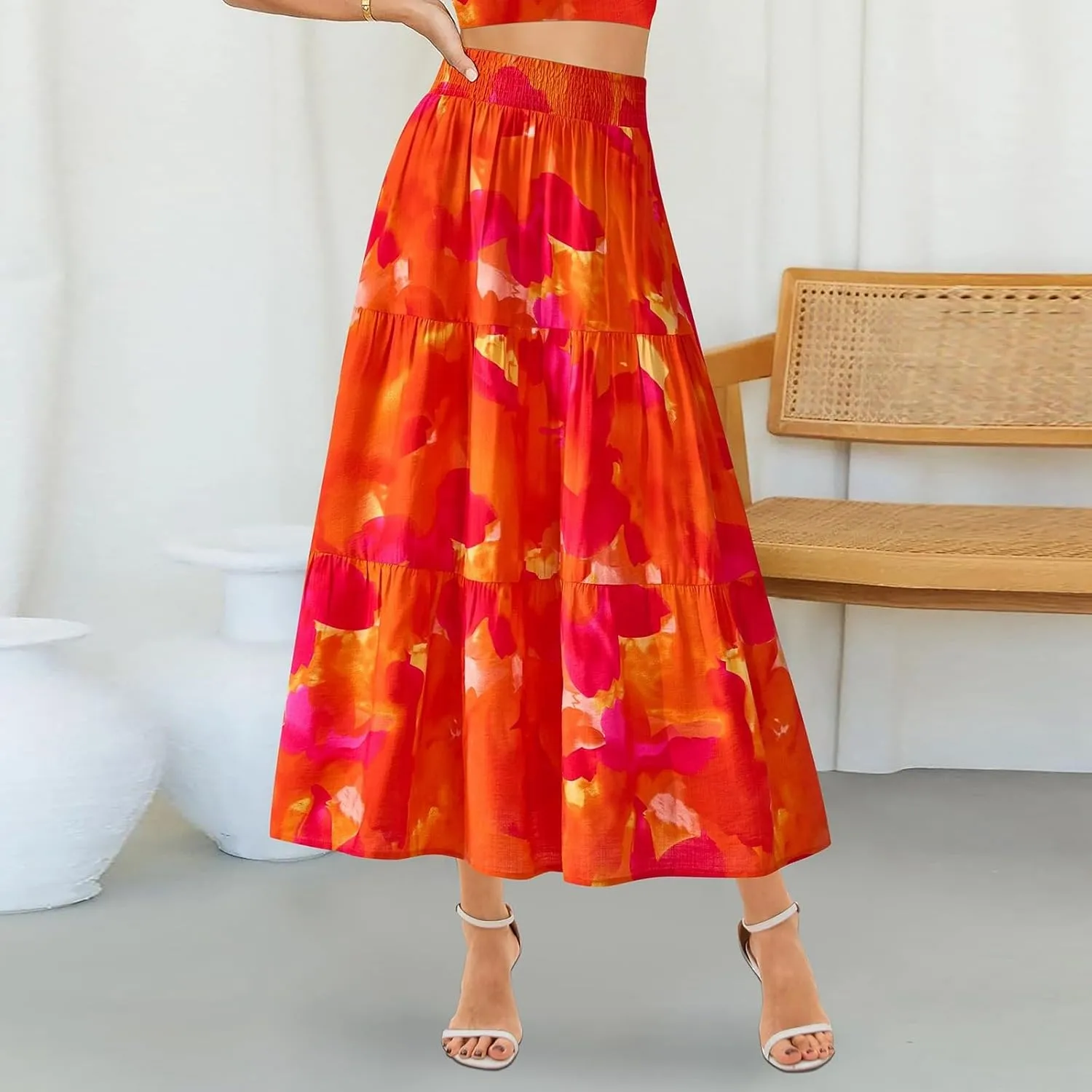 Women's Floral Print Midi Maxi Skirts- 2025 Summer Casual Aline Elastic High Waist Pleated Flowy Long Skirt Pockets