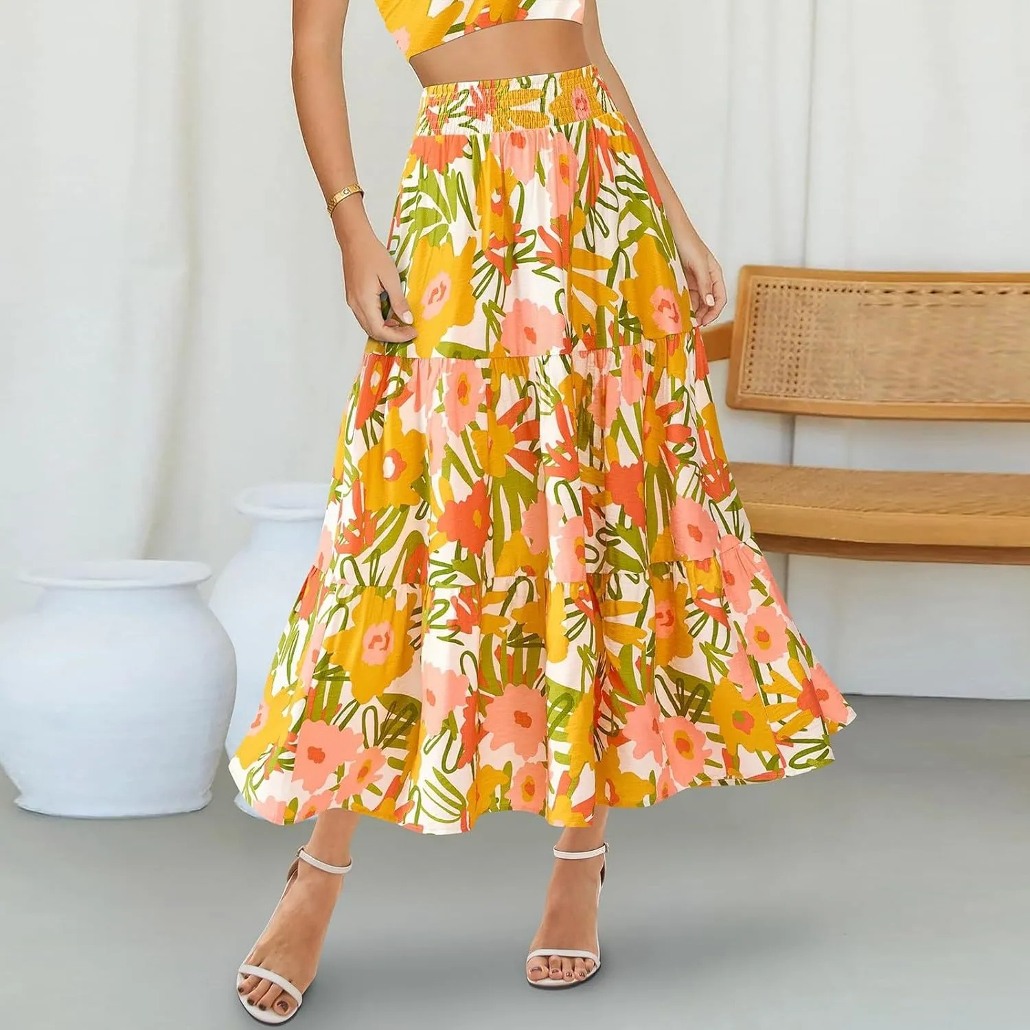 Women's Floral Print Midi Maxi Skirts: 2025 Summer Casual Aline Elastic High Waist Pleated Flowy Long Skirt Pockets