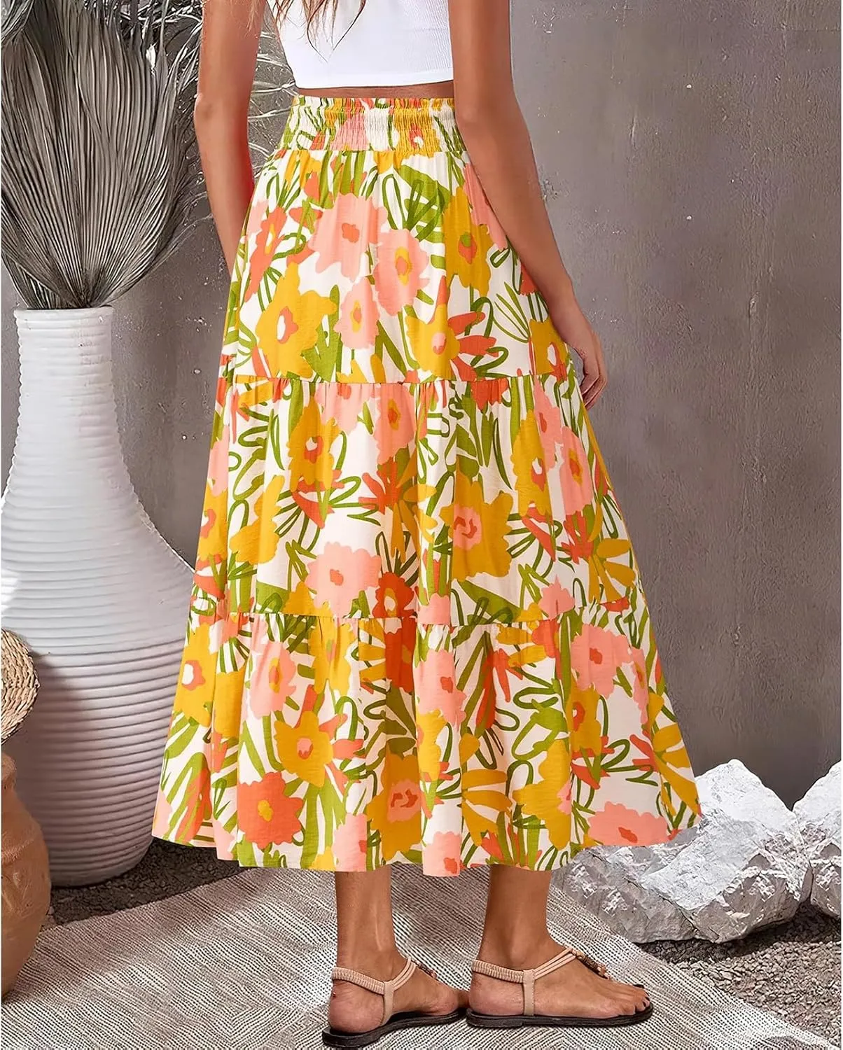 Women's Floral Print Midi Maxi Skirts: 2025 Summer Casual Aline Elastic High Waist Pleated Flowy Long Skirt Pockets