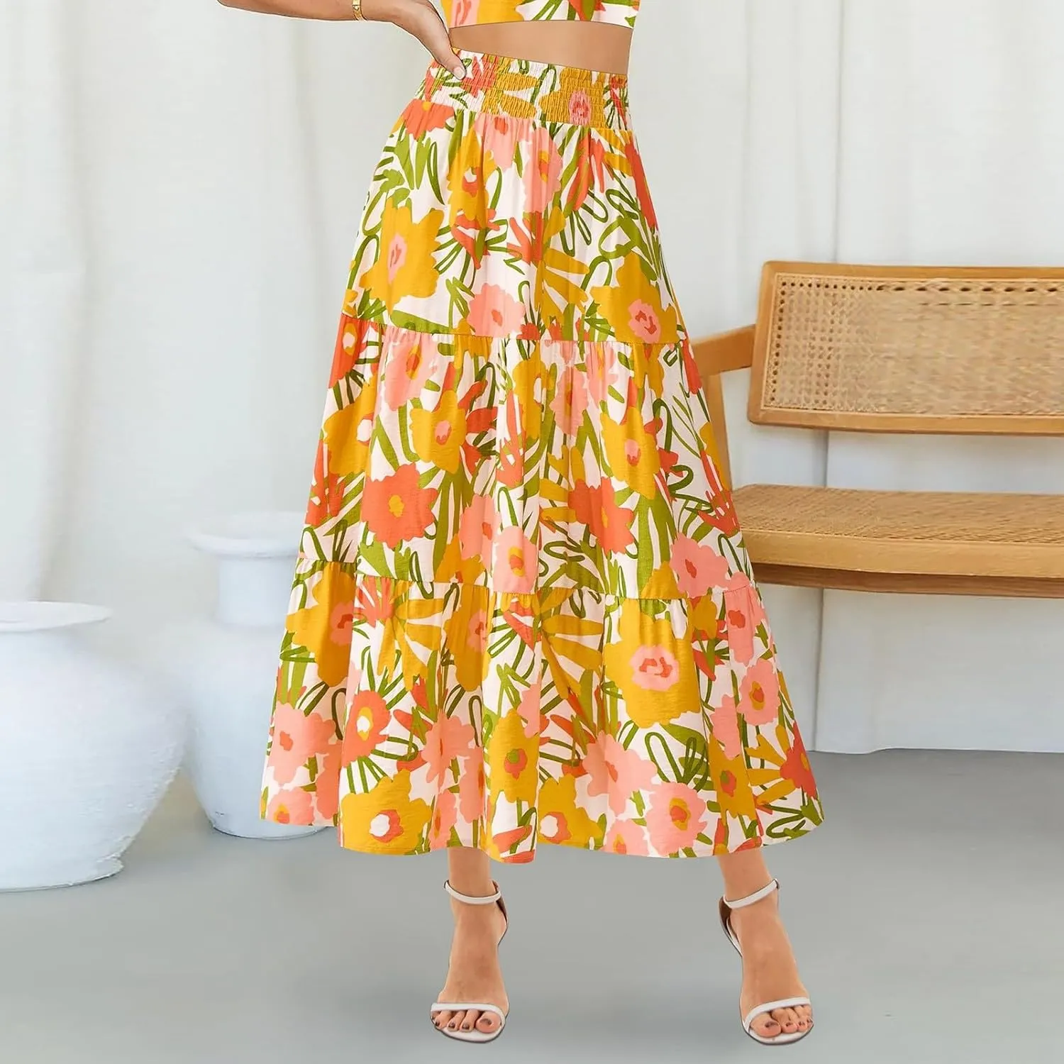 Women's Floral Print Midi Maxi Skirts: 2025 Summer Casual Aline Elastic High Waist Pleated Flowy Long Skirt Pockets