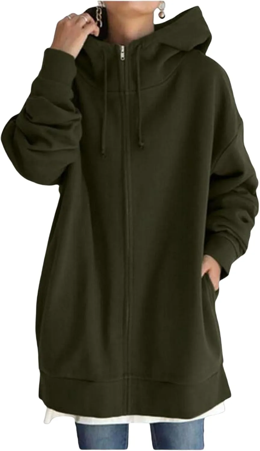 Womens Full Zip Hoodie Oversized Long Sleeve Fleece Sweatshirt Jacket Casual Loose Long Hoodies Winter Outfits