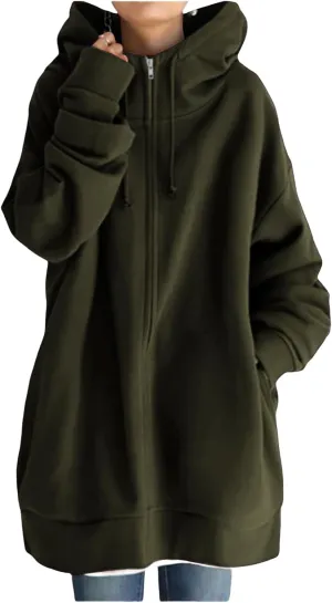 Womens Full Zip Hoodie Oversized Long Sleeve Fleece Sweatshirt Jacket Casual Loose Long Hoodies Winter Outfits