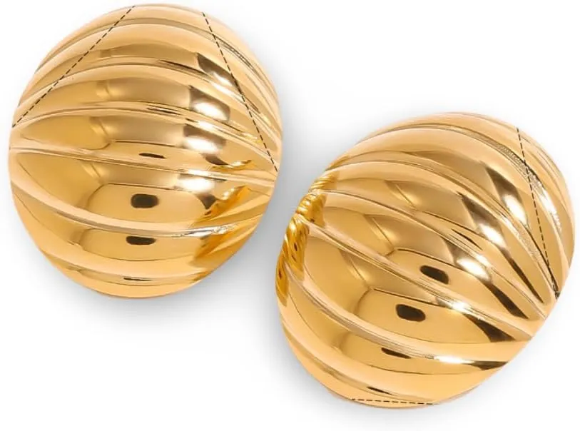 Women's Gold Plated Stainless Steel Ribbed Texture Oval Stud Earrings