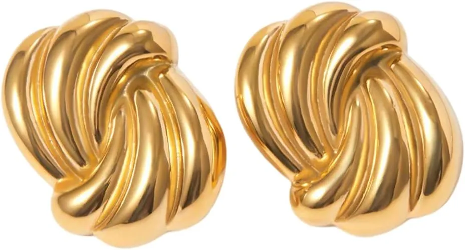 Women's Gold Plated Stainless Steel Swirl Knot Stud Earrings, Ribbed Texture