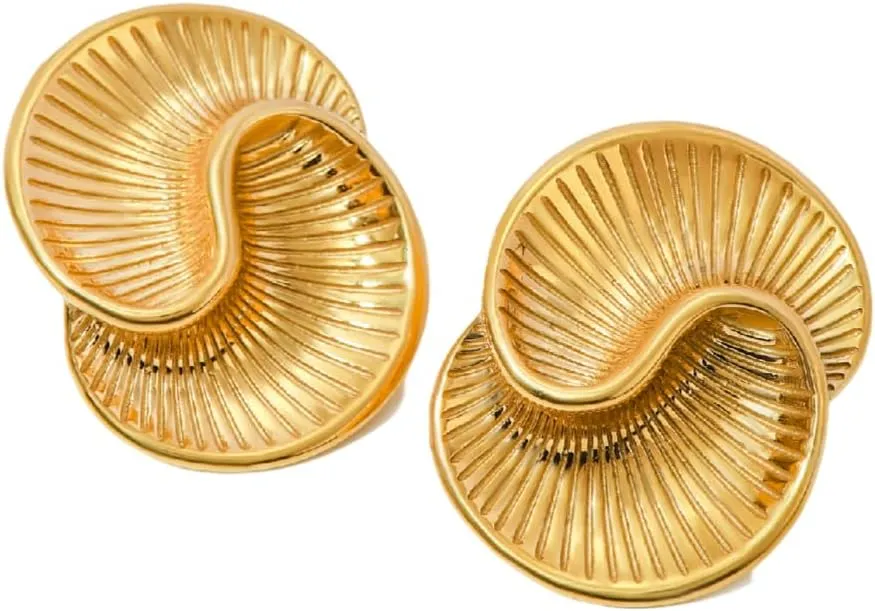 Women's Gold Plated Stainless Steel Textured Spiral Swirl Stud Earrings, Creative Sculptural Design