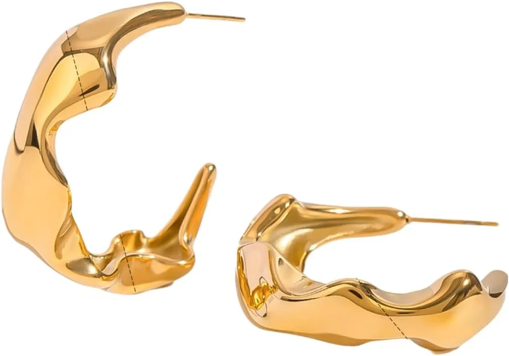 Women's Gold Tone Stainless Steel Minimalist Geometric C-Shape Hoop Earrings