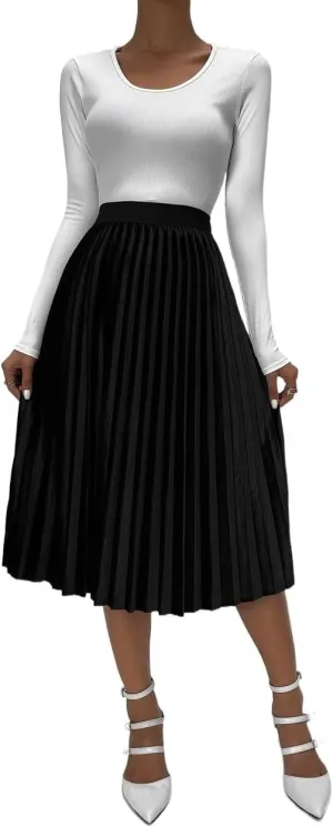 Womens High Waist Pleated Midi Skirt Loose Knee Length Skirts for Women