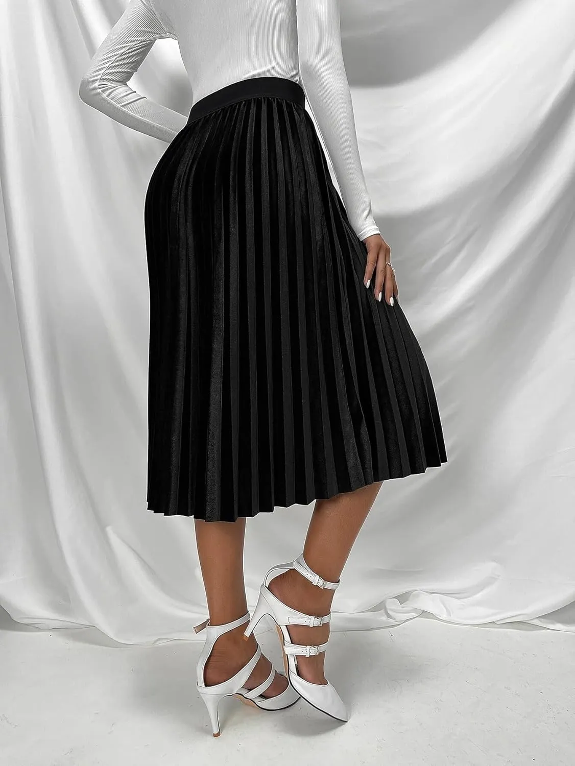 Womens High Waist Pleated Midi Skirt Loose Knee Length Skirts for Women