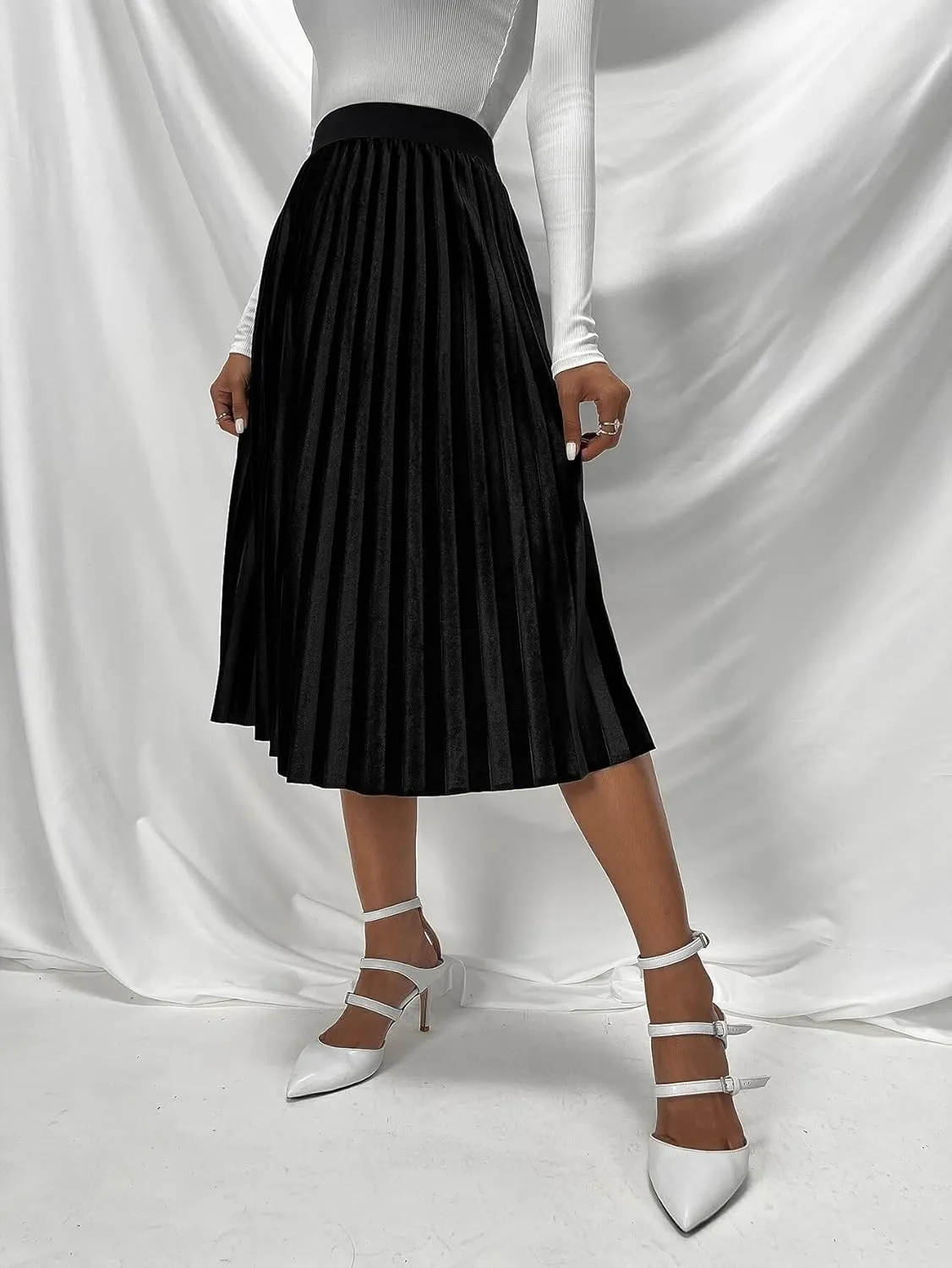 Womens High Waist Pleated Midi Skirt Loose Knee Length Skirts for Women
