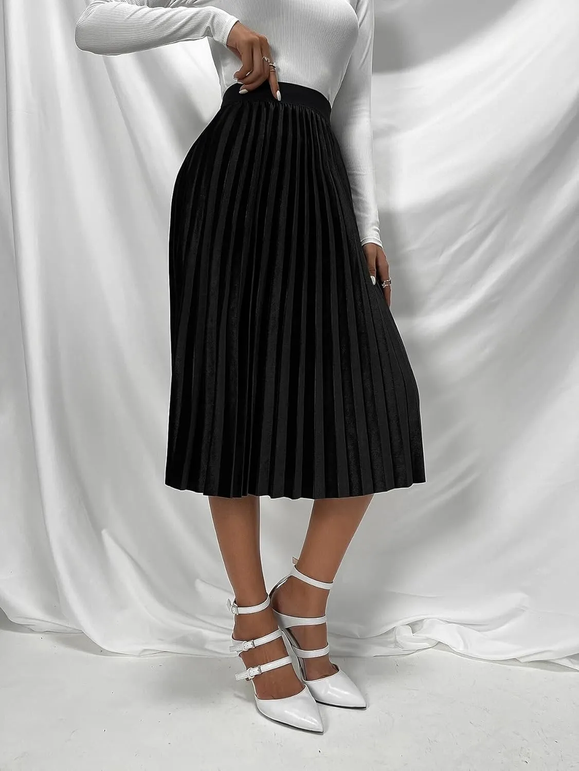 Womens High Waist Pleated Midi Skirt Loose Knee Length Skirts for Women