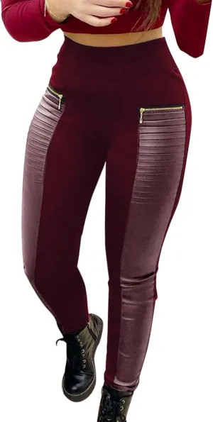 Women's Leather Pants Wide Leg Trousers Contrast Pants Leather Design High Faux Women's Waist Zipper Pants (Red #2hg, L)