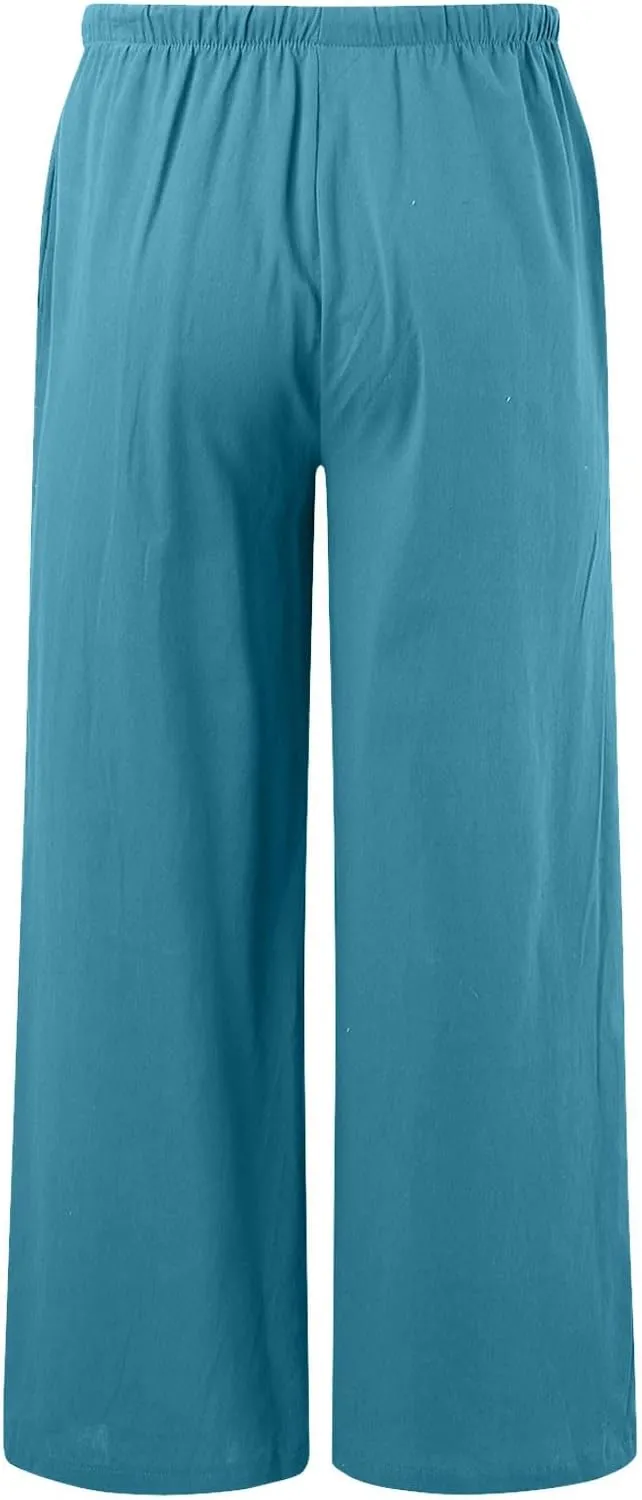 Womens Linen Palazzo Pants Summer Drawstring Elastic Waist Beach Pants Lightweight Relax Fit Wide Leg Trousers Pockets