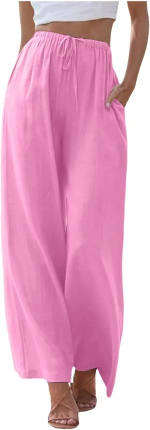 Womens Linen Palazzo Pants Summer Drawstring Elastic Waist Beach Pants Lightweight Relax Fit Wide Leg Trousers Pockets