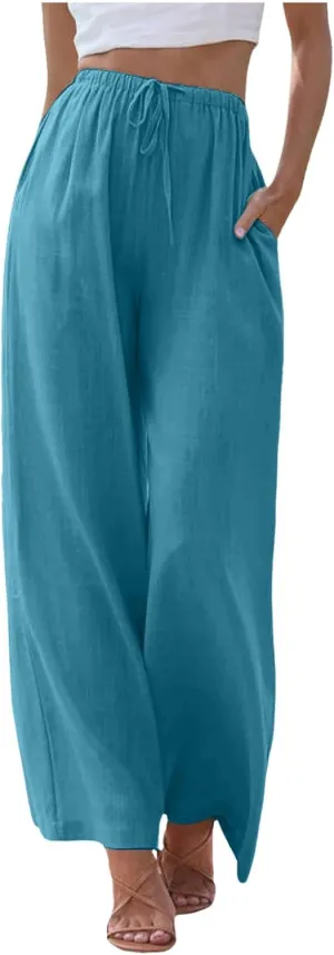 Womens Linen Palazzo Pants Summer Drawstring Elastic Waist Beach Pants Lightweight Relax Fit Wide Leg Trousers Pockets