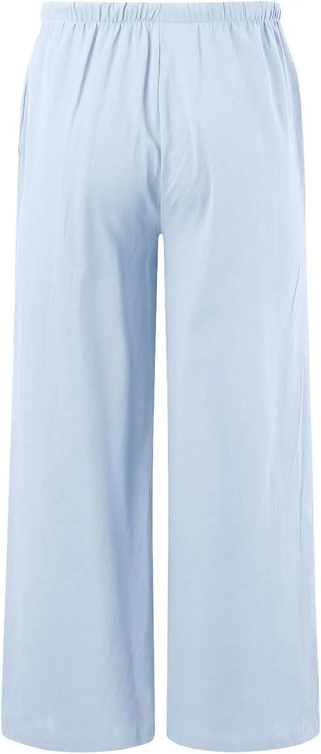 Womens Linen Palazzo Pants Summer Drawstring Elastic Waist Beach Pants Lightweight Relax Fit Wide Leg Trousers Pockets