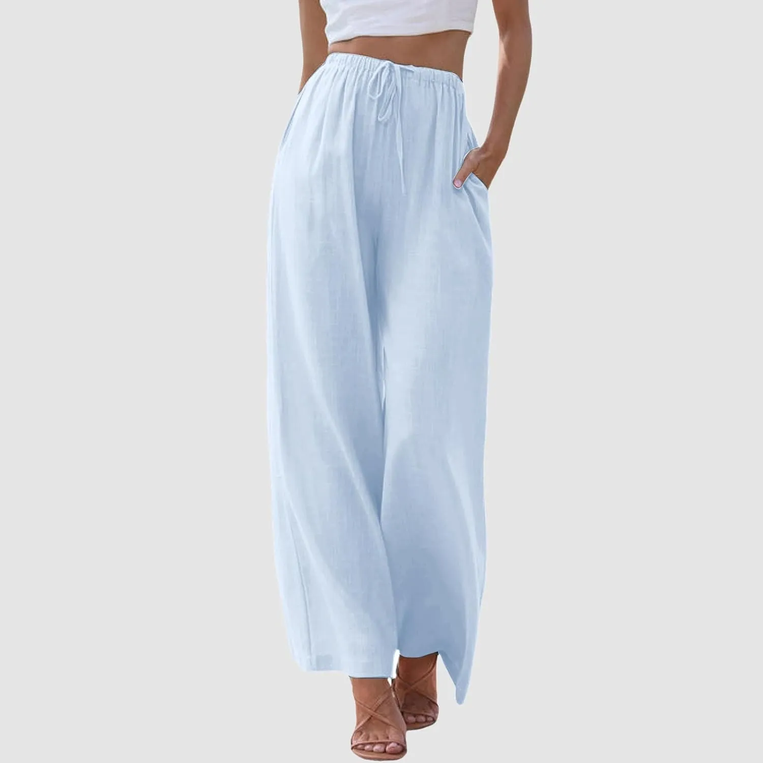 Womens Linen Palazzo Pants Summer Drawstring Elastic Waist Beach Pants Lightweight Relax Fit Wide Leg Trousers Pockets