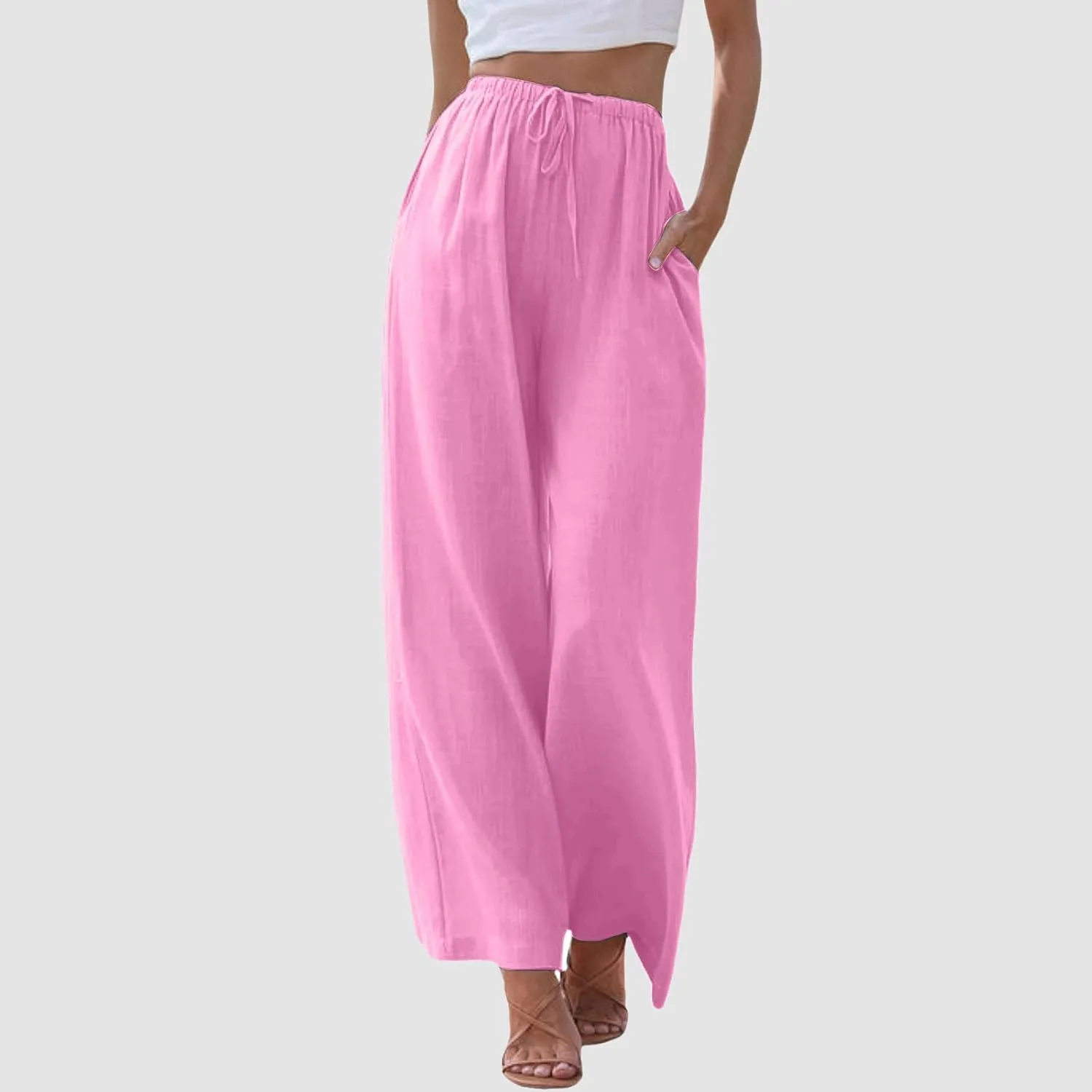 Womens Linen Palazzo Pants Summer Drawstring Elastic Waist Beach Pants Lightweight Relax Fit Wide Leg Trousers Pockets