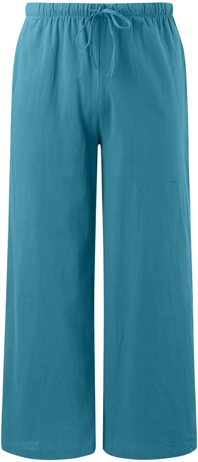 Womens Linen Palazzo Pants Summer Drawstring Elastic Waist Beach Pants Lightweight Relax Fit Wide Leg Trousers Pockets