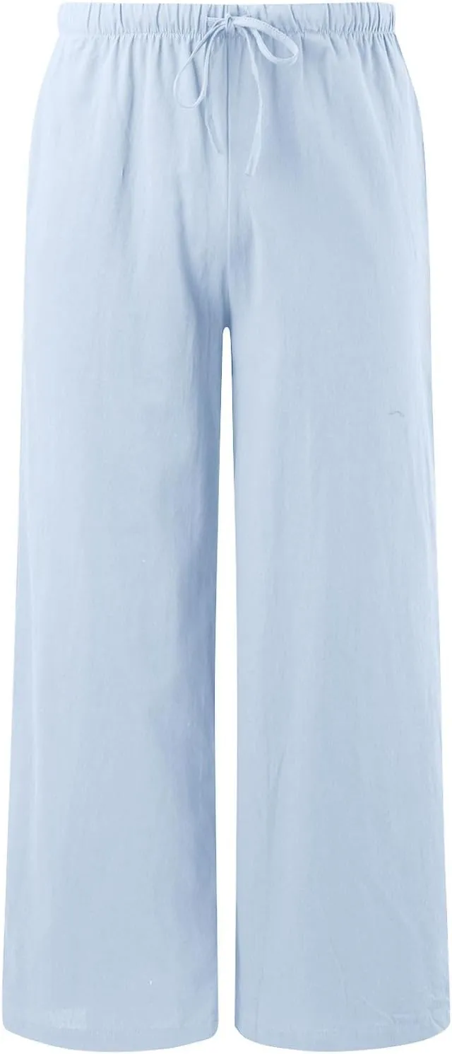 Womens Linen Palazzo Pants Summer Drawstring Elastic Waist Beach Pants Lightweight Relax Fit Wide Leg Trousers Pockets