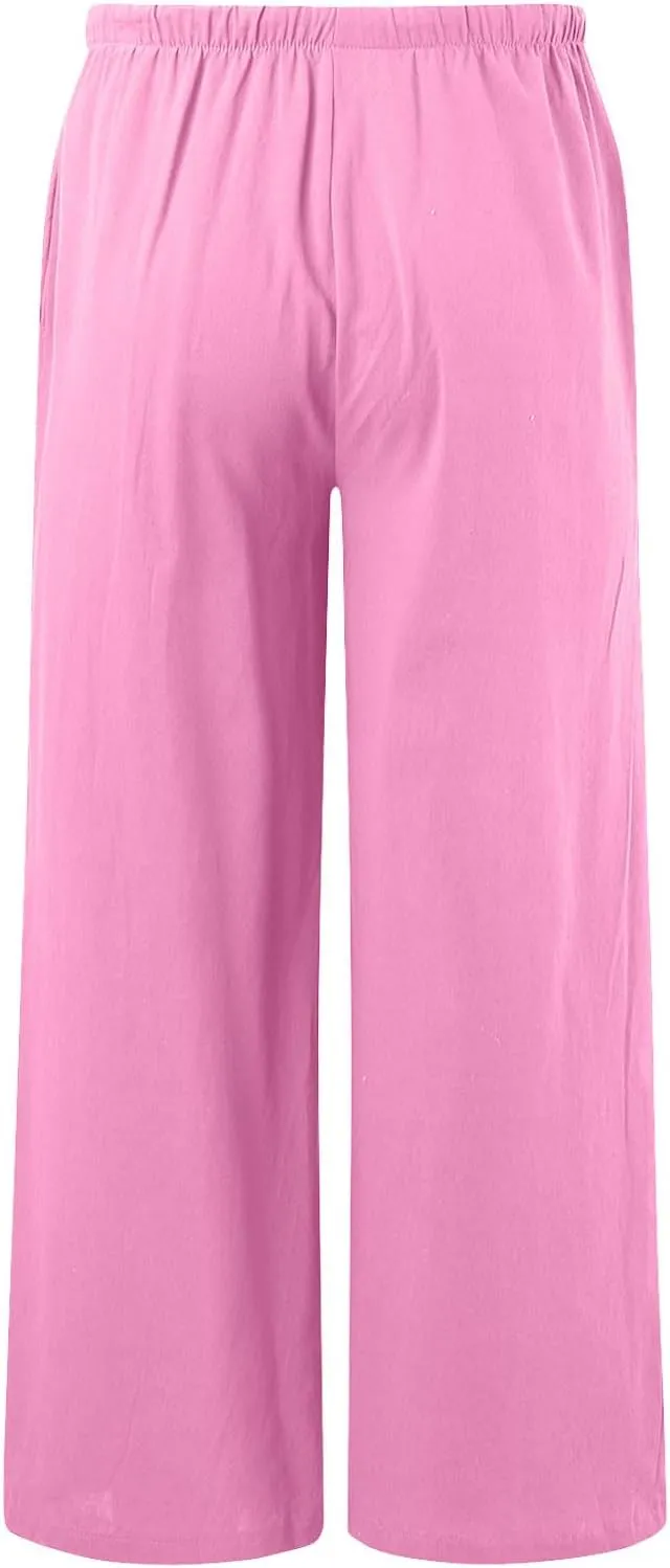 Womens Linen Palazzo Pants Summer Drawstring Elastic Waist Beach Pants Lightweight Relax Fit Wide Leg Trousers Pockets